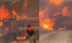 Çanakkale yangınında panik anları: İtfaiye aracı alevlerin içinde kaldı, şoför...