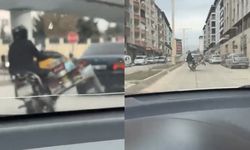 Ölümle dans: Mutfak tüpü yüklü motosiklet trafiği birbirine kattı
