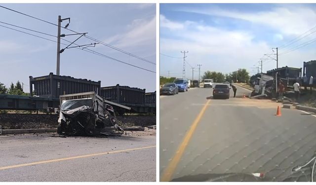 Yük treni hemzemin geçitte kamyonete çarptı