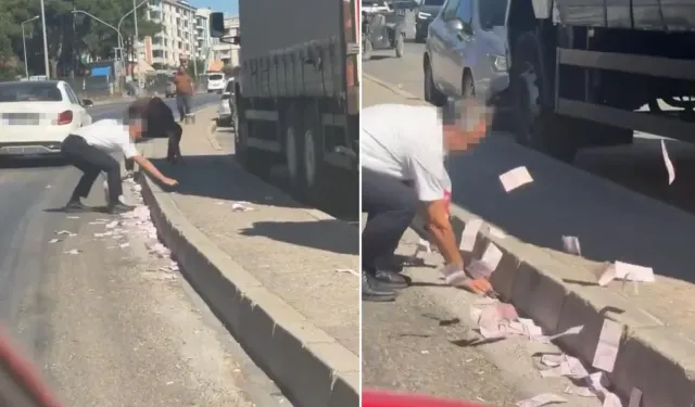 İzmir Ayrancılar'da para dolu çuval yola düştü, banknotlar yola savruldu