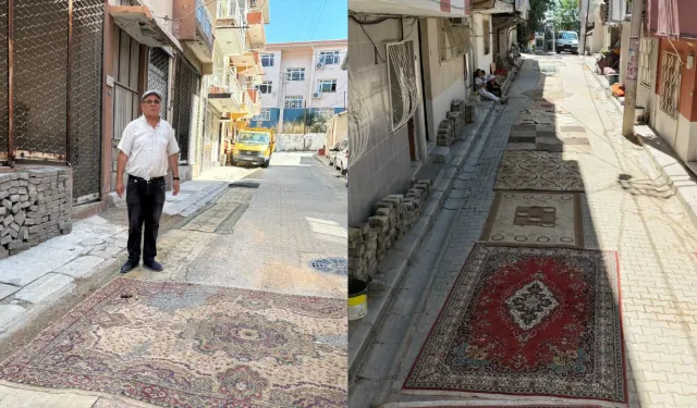 İzmir’de bozuk yollara halılı çözüm: Mahalleli tozdan böyle korunuyor