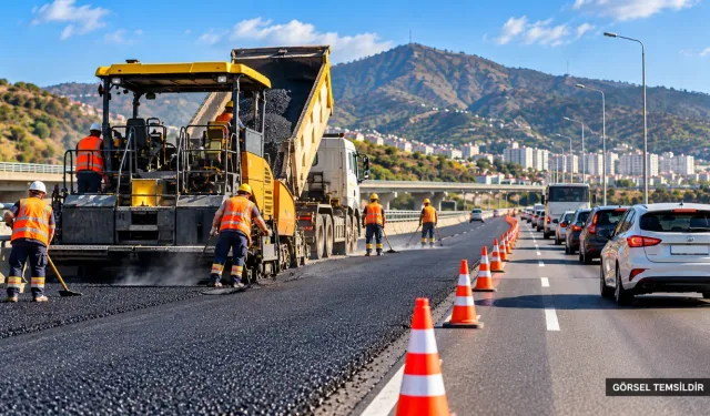 İzmir'de asfalt mesaisi: Otoyolda iki şerit kapatıldı