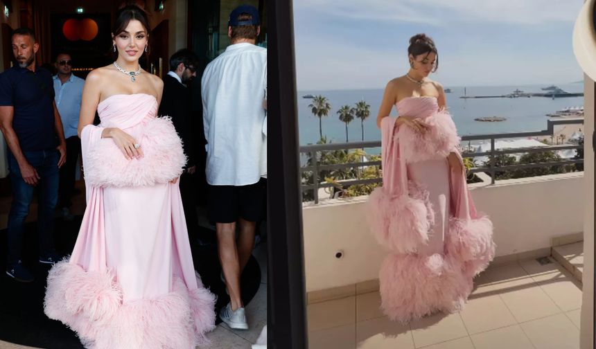 Hande Erçel'in pembe tüylü elbisesi dillere düştü