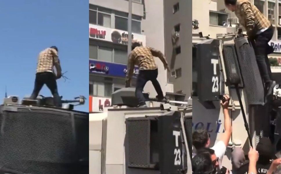 İzmir'de müdahale sonrası TOMA aracına çıkan vatandaş gözaltına alındı