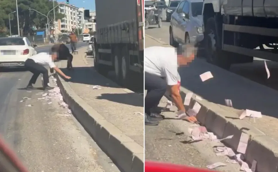 İzmir Ayrancılar'da para dolu çuval yola düştü, banknotlar yola savruldu