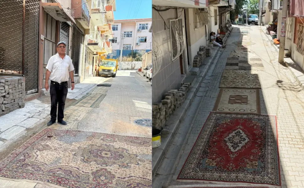 İzmir’de bozuk yollara halılı çözüm: Mahalleli tozdan böyle korunuyor