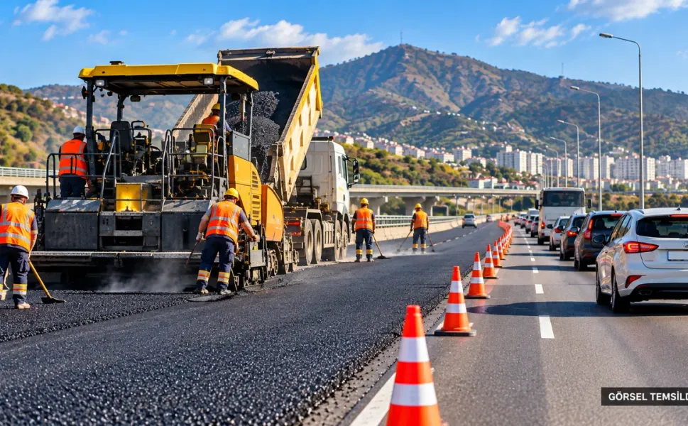 İzmir'de asfalt mesaisi: Otoyolda iki şerit kapatıldı