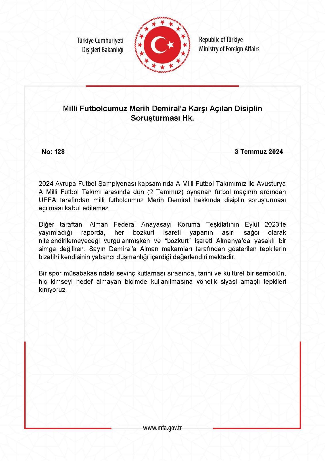 Disisleri Bakanligindan Merih Demiral Aciklamasi 1