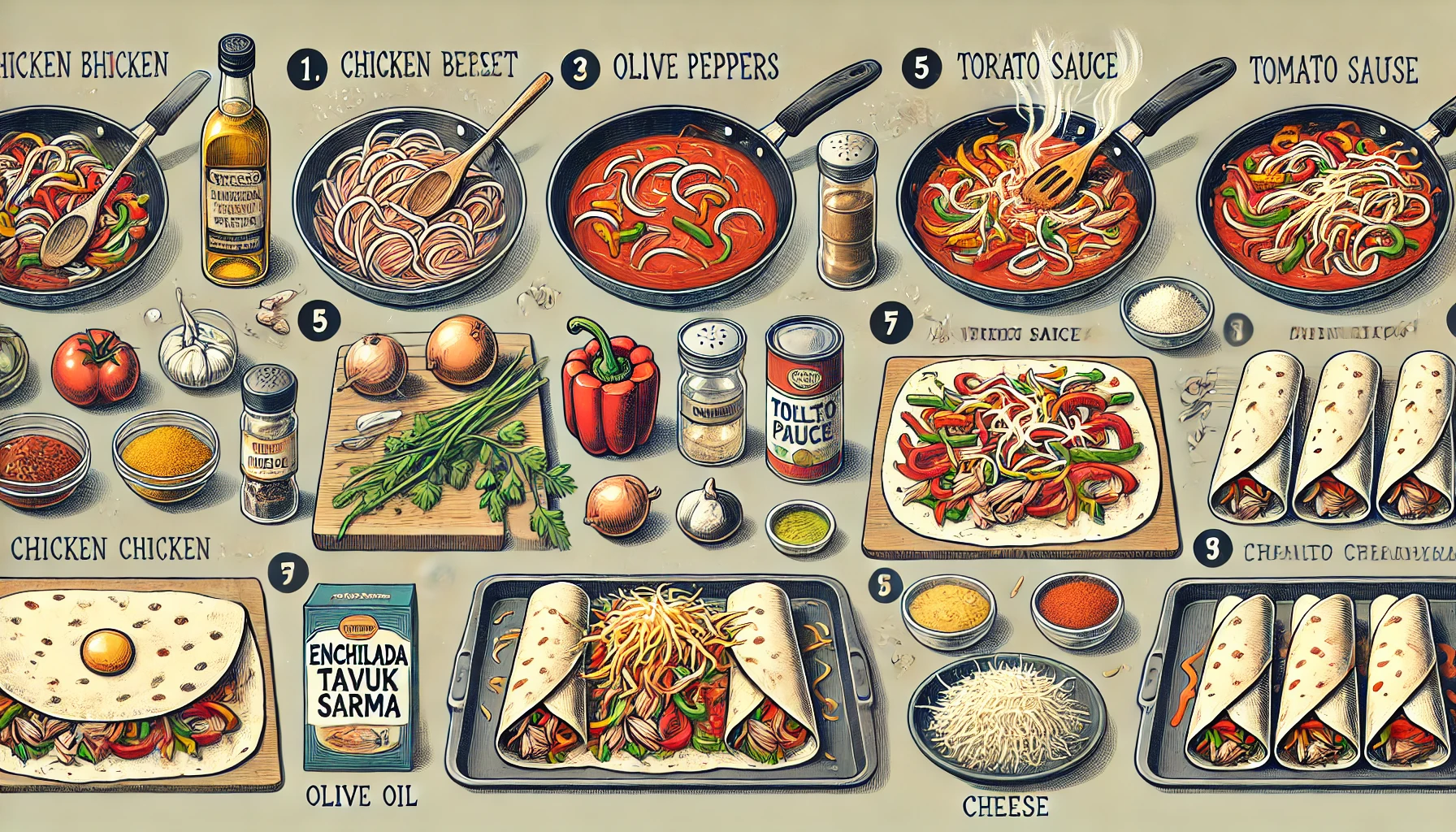 Dall·e 2024 11 07 10.23.05 A Step By Step Cooking Illustration For Enchilada Tavuk Sarma. The Image Is Divided Into Sections Showing The Following Stages 1. Ingredients Laid Ou