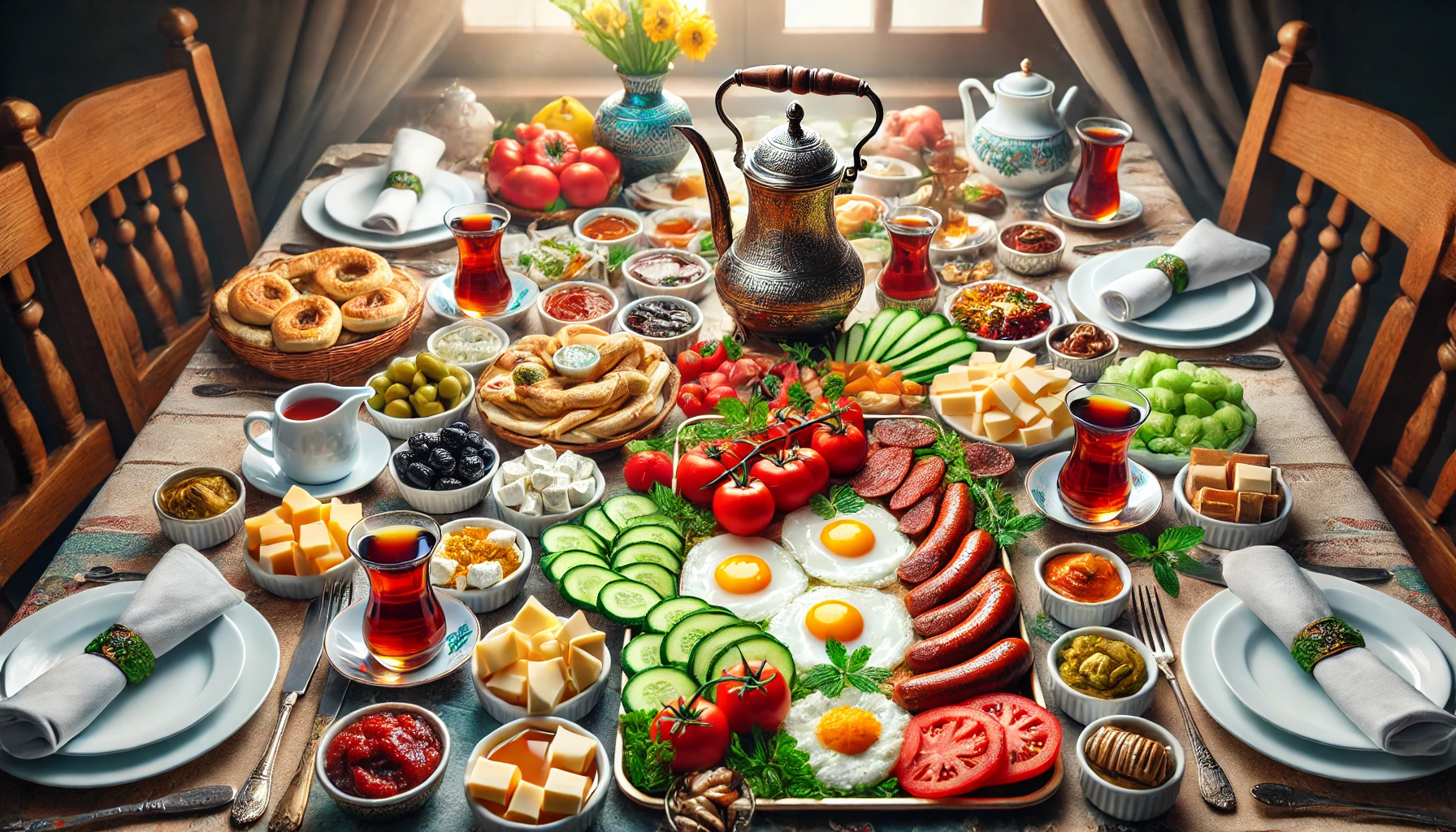 Dall·e 2025 03 01 11.01.54 A Beautifully Arranged Turkish Sahur Breakfast Table In A Rectangular Format. The Table Is Filled With Fresh Ingredients, Including Sliced Cucumbers,