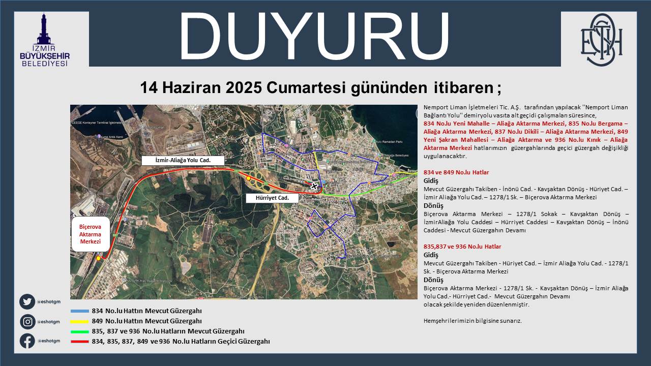 834 835 837 849 Ve 936 Geçici Güzergah Değişikliği Duyurusu