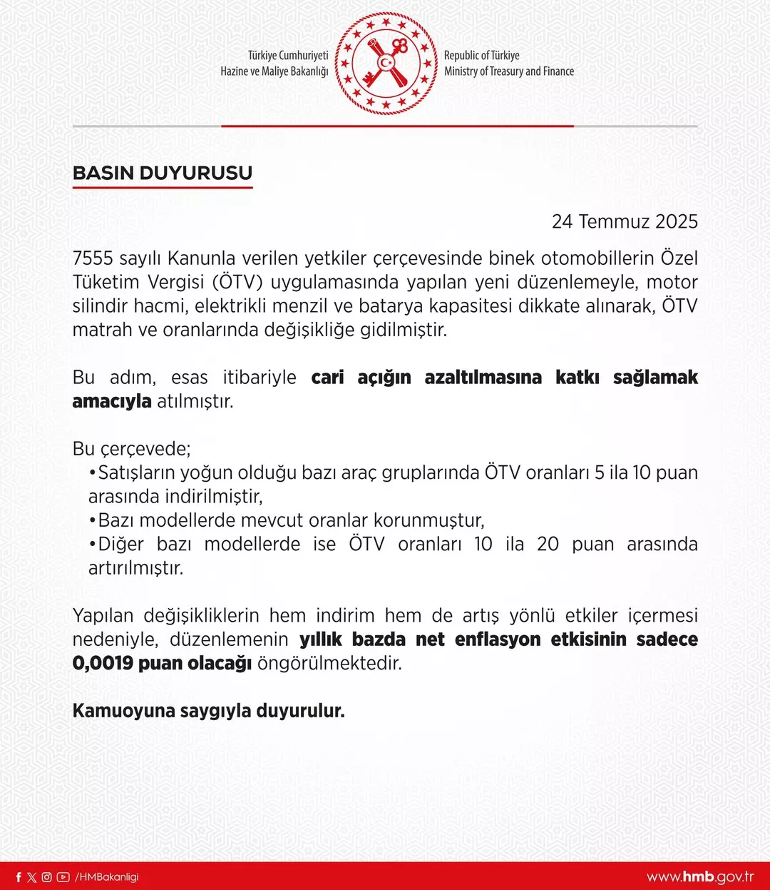 Bakanliktan Otv Aciklamasi Cari Acigin Azaltilmasina Katki Saglayacak
