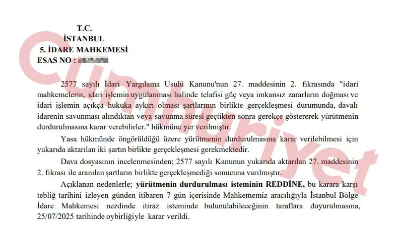 Son Dakika Imamoglunun Diplomasinin Iptaline Yonelik Yurutmenin Durdurulmasi Karari Redde