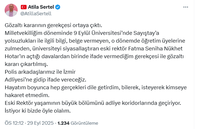 Eski Chp Izmir Milletvekili Atila Sertel Hakkinda Gozalti Karari