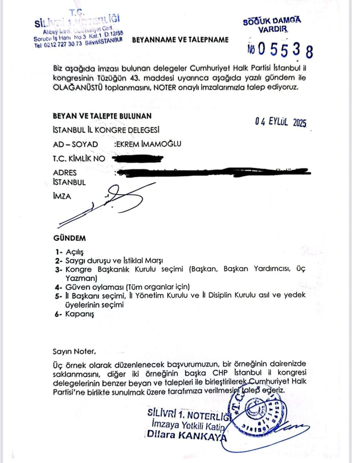 Son Dakika Imamoglundan Kongre Icin Noter Basvurusu
