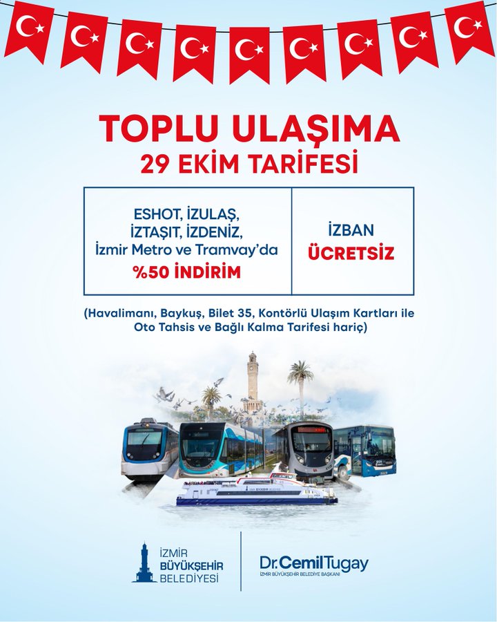 Izmirde 29 Ekimde Toplu Tasima Seferlerine Flas Duzenleme